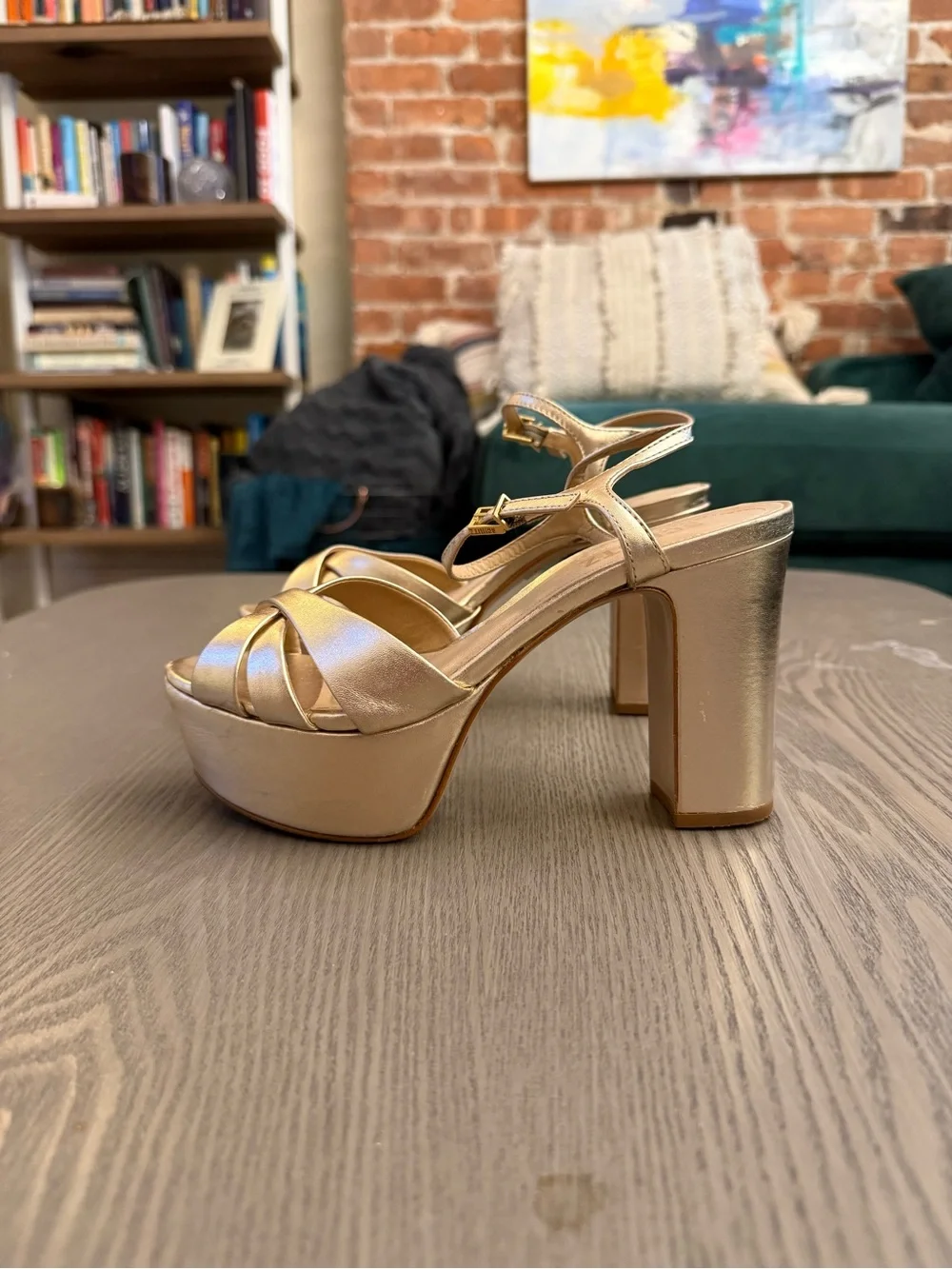 SCHUTZ Gold Satin Platform Block Heel Sandals